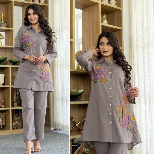 Taupe Cotton Embroidered Co-ord Set for Women