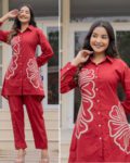 “Elegant red cotton co-ord set for women with white floral-inspired side print – stylish shirt and pant matching outfit for festive, office, and casual wear”