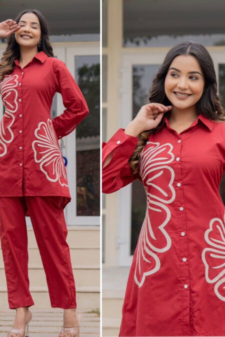 “Elegant red cotton co-ord set for women with white floral-inspired side print – stylish shirt and pant matching outfit for festive, office, and casual wear”