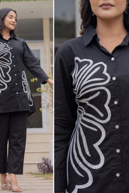 “Black cotton co-ord set for women with white floral-inspired side print – stylish button-down shirt and matching pants for casual, office, and party wear”
