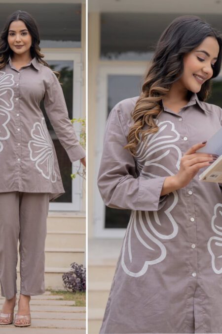 Model wearing taupe cotton co-ord set for women featuring button-down floral print shirt and straight pants, perfect for casual and office wear.