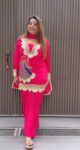 “Designer pink embroidered kurta set for women with golden lace detailing, matching pants, and dupatta – festive ethnic wear outfit”