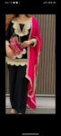 “Black embroidered kurta set for women with golden lace detailing, pink dupatta, and matching pants – festive party wear outfit”