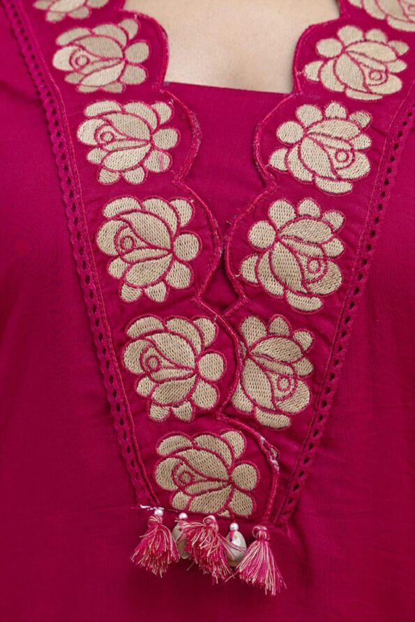 Magenta Embroidered Cotton Kurta Set for Women with Dupatta