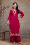 Magenta Embroidered Cotton Kurta Set for Women with Dupatta