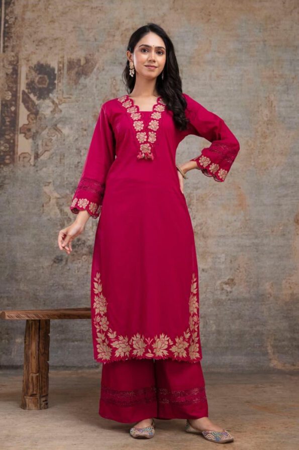 Magenta Embroidered Cotton Kurta Set for Women with Dupatta