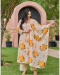 Woman wearing elegant cream floral printed kurta set with matching dupatta and pants – summer ethnic wear for women.