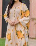 Cream Floral Printed Kurta Set with Dupatta for Women