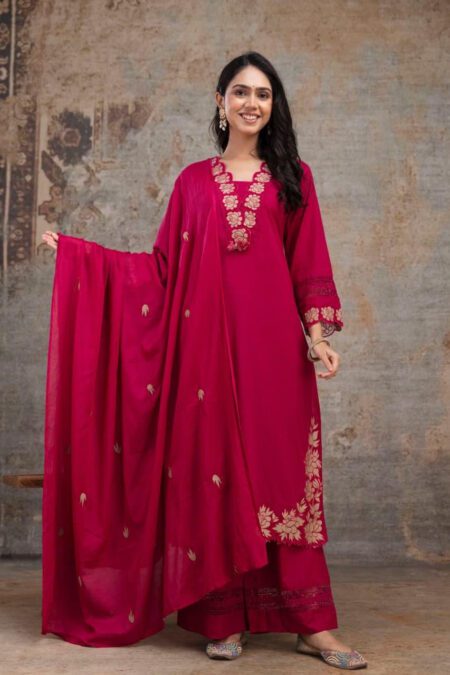 “Magenta embroidered cotton kurta set for women with dupatta – festive and party wear outfit”