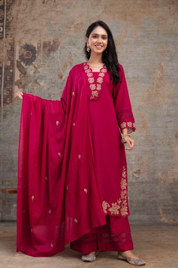 Magenta Embroidered Cotton Kurta Set for Women with Dupatta