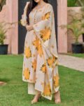 Cream Floral Printed Kurta Set with Dupatta for Women