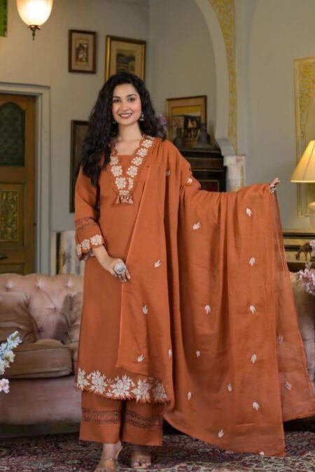 “Rust orange embroidered cotton kurta set for women with dupatta – festive and office wear”