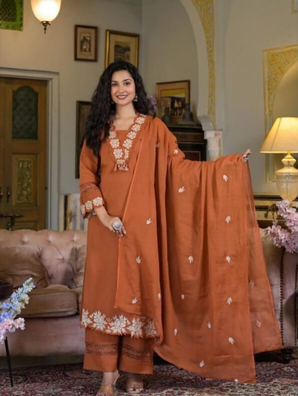 Rust Orange Embroidered Cotton Kurta Set for Women with Dupatta