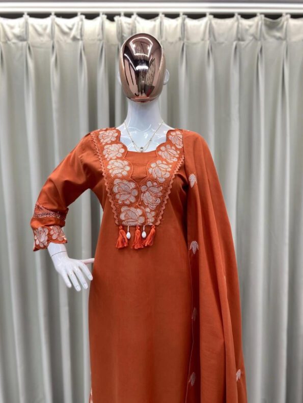 Rust Orange Embroidered Cotton Kurta Set for Women with Dupatta