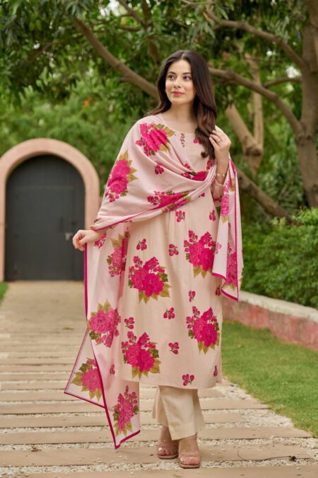 “Elegant floral printed cotton kurta set for women with dupatta in cream and pink color – summer ethnic wear outfit”