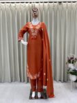 Rust Orange Embroidered Cotton Kurta Set for Women with Dupatta
